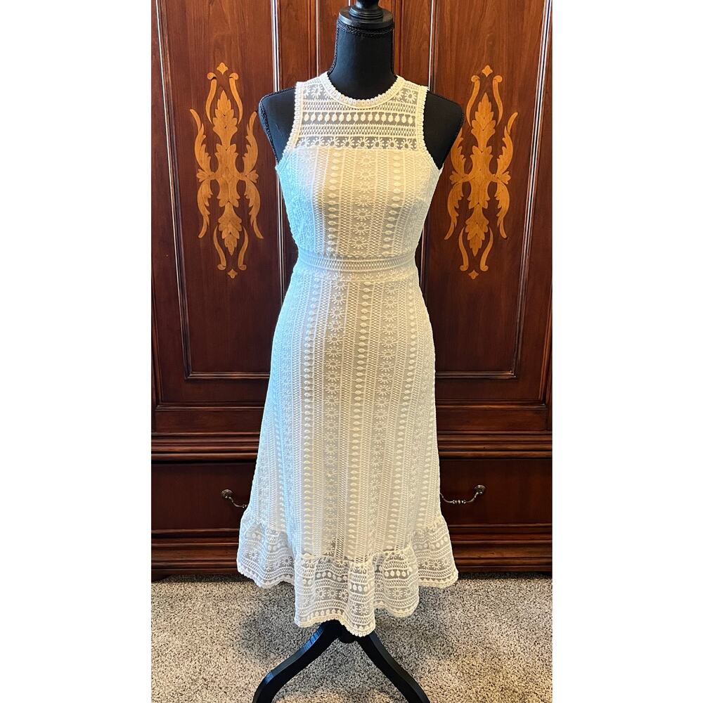 White Lace Midi Dress XXS Sleeveless Sheer Overlay Eyelet Cottagecore Fit Flare